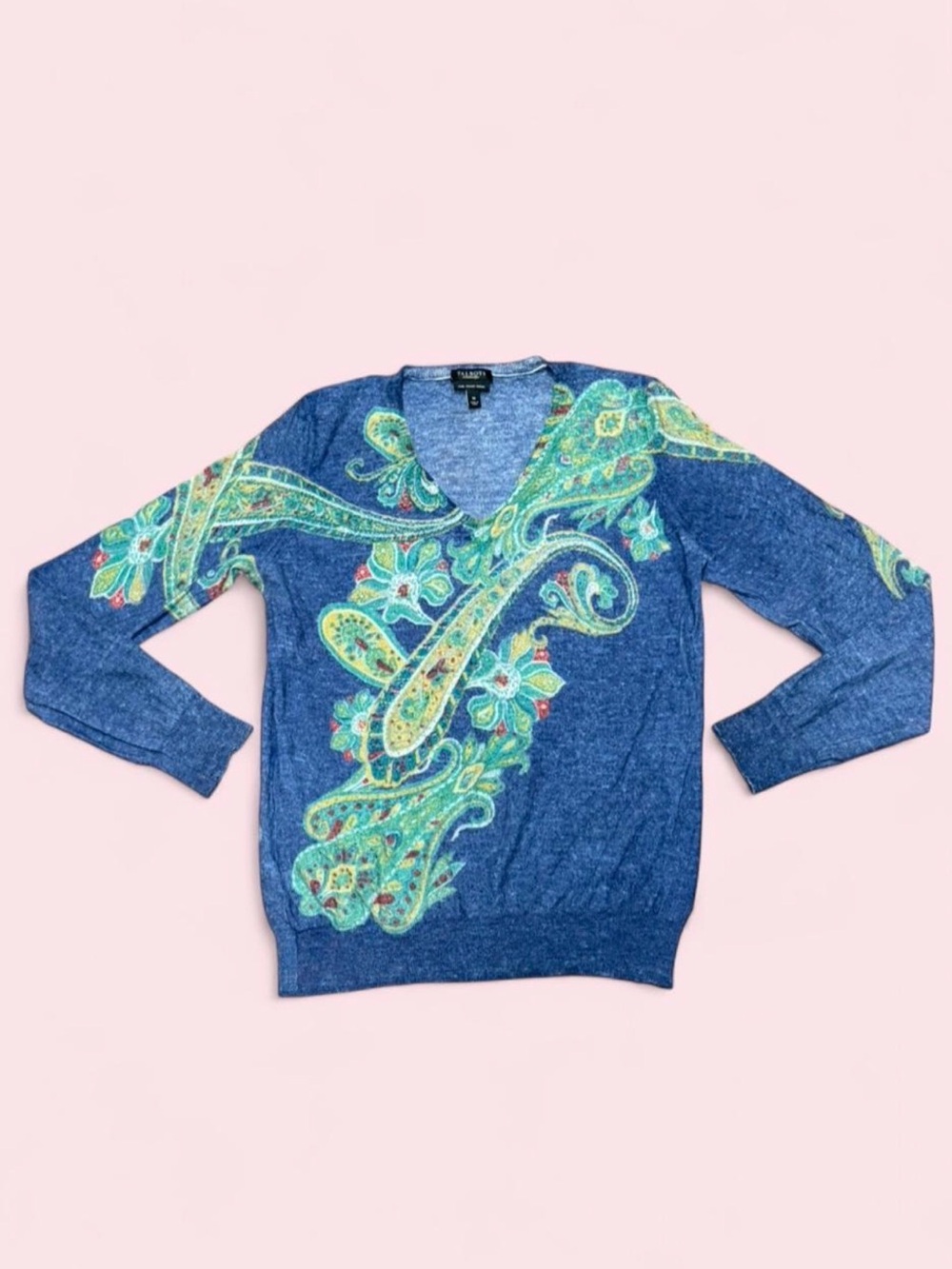 Talbots Merino Wool Paisley Sweater Medium Blue Green V Neck Career Knit Top